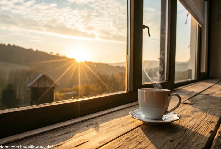 Uma manhã vibrante de sexta-feira com raios de sol iluminando uma xícara de café em uma mesa de madeira.