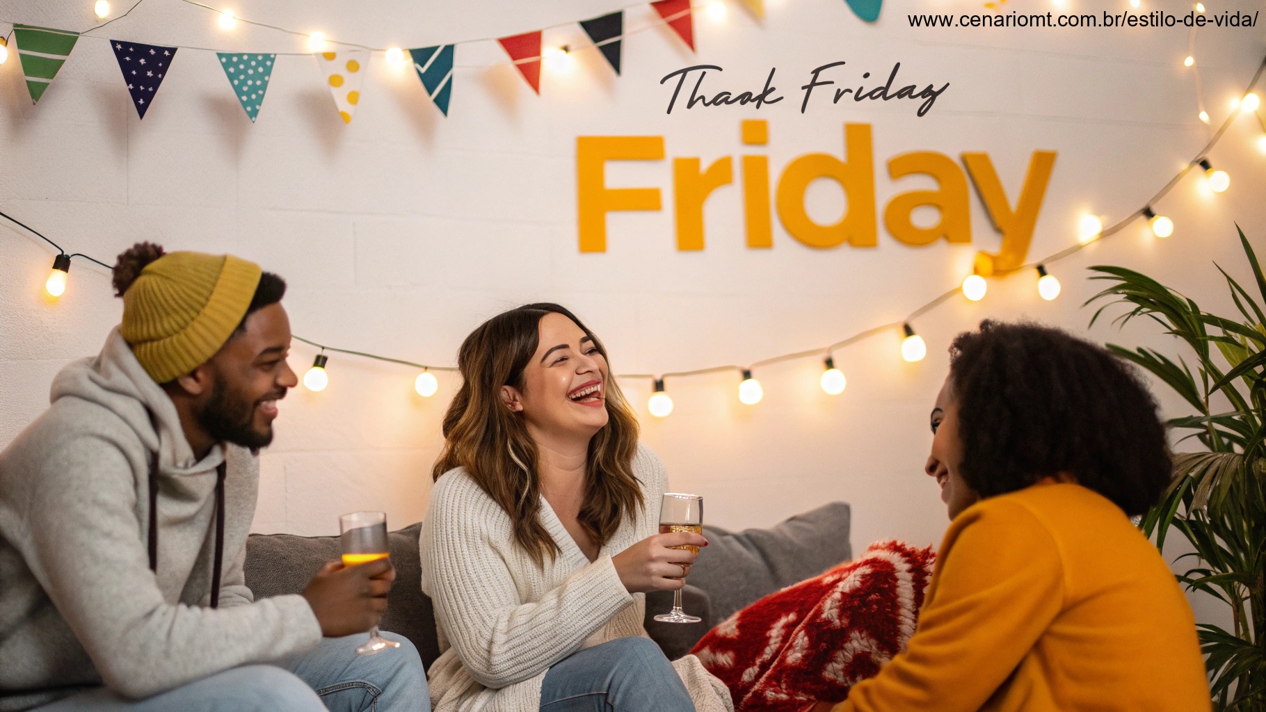 Pessoas celebrando a sexta-feira com luzes festivas e rostos alegres.