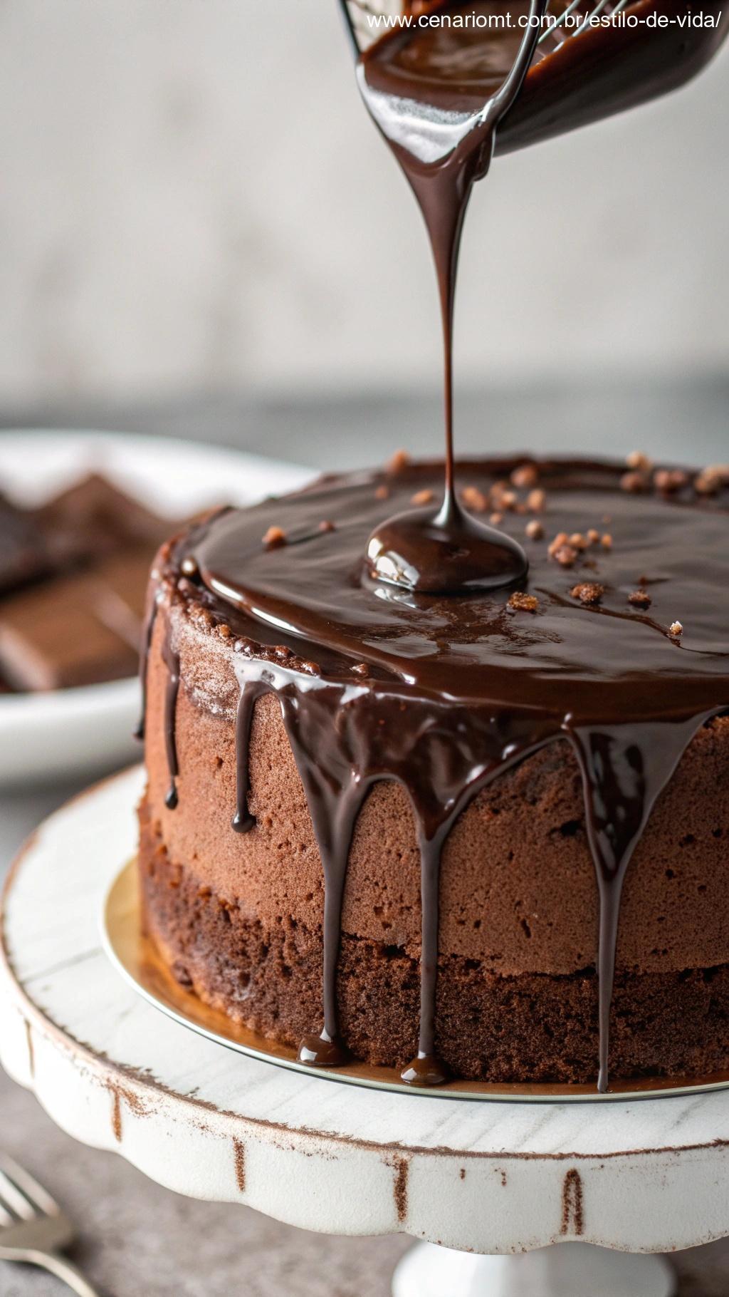 Cobertura de chocolate brilhante sendo derramada sobre o bolo.