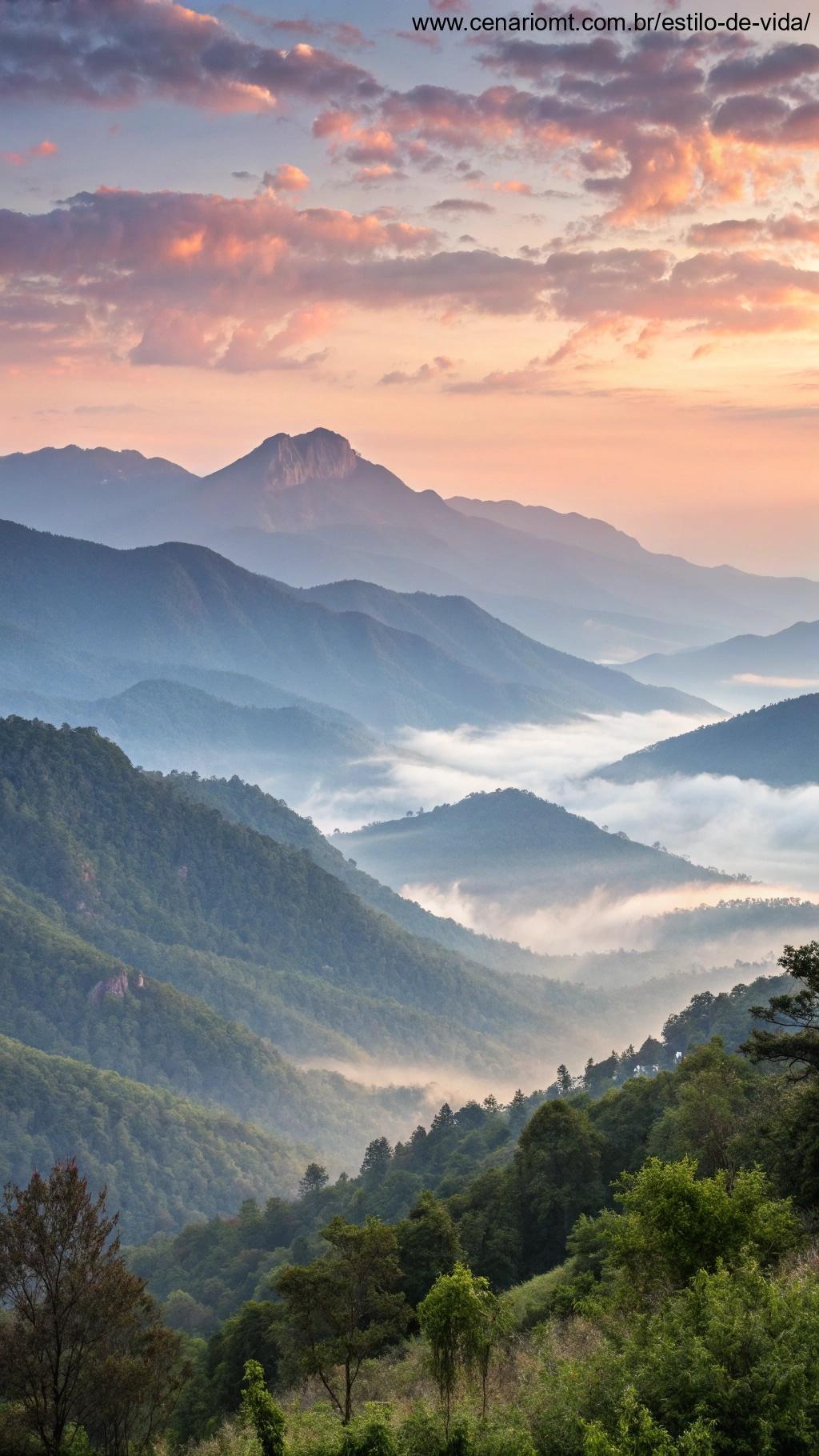 Uma paisagem de montanha ao amanhecer, cheia de esperança e fé.
