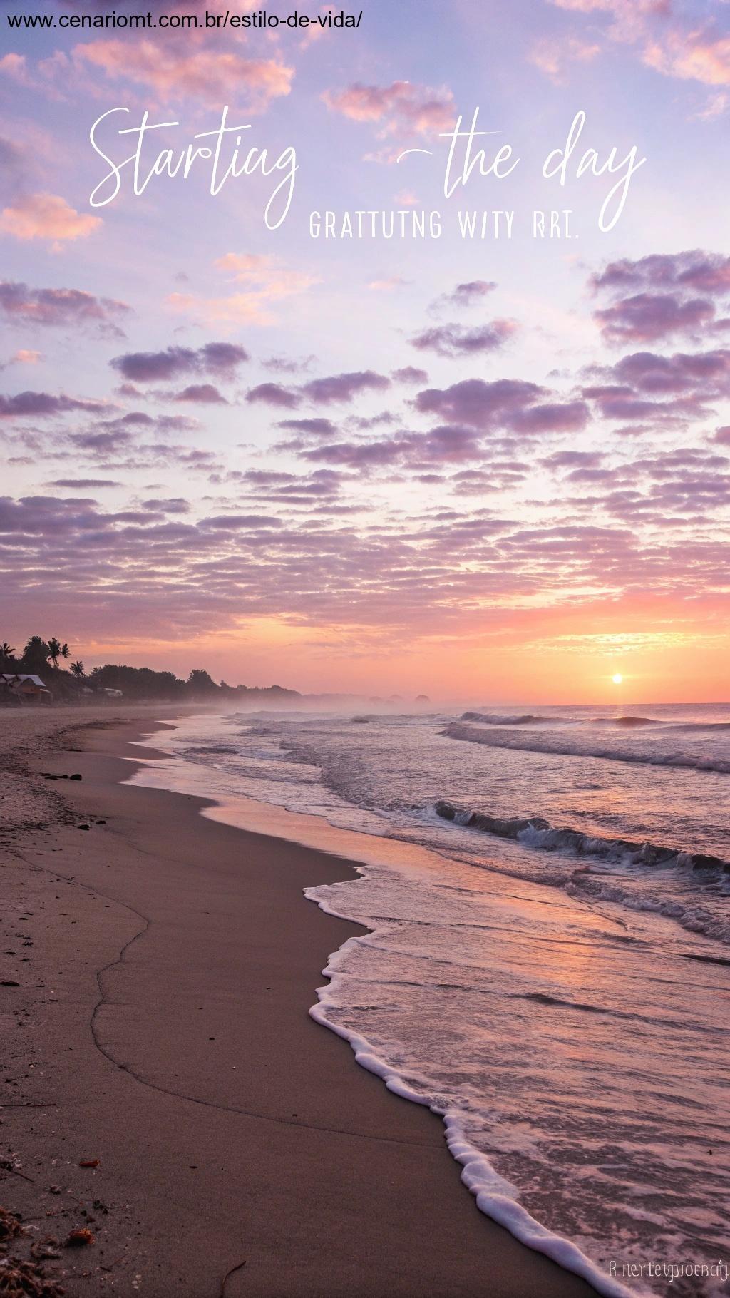 Amanhecer tranquilo na praia, com o mar calmo e ondas suaves.