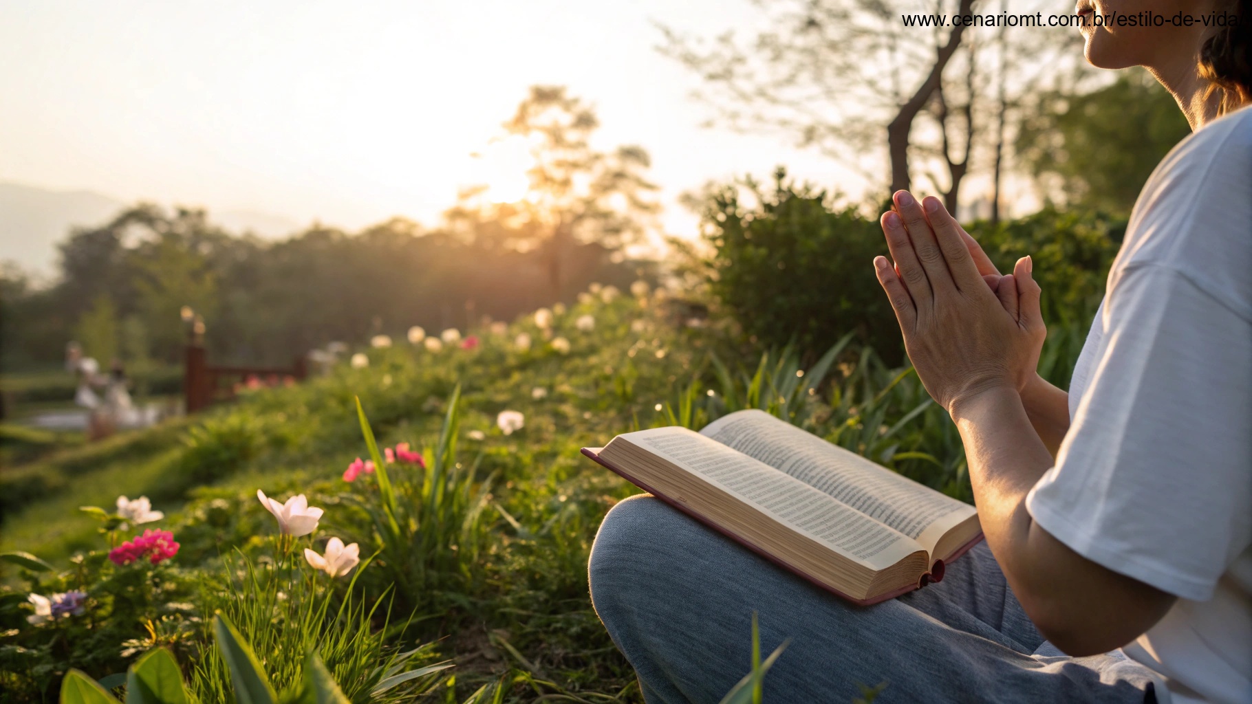 Pessoa meditando em um jardim tranquilo ao nascer do sol, com as mãos suavemente apoiadas em uma Bíblia aberta, cercada pela natureza e uma atmosfera serena, ilustrando como aplicar uma mensagem matinal no cotidiano.