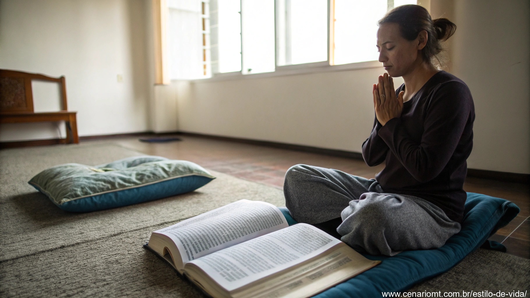 Uma pessoa meditando em um quarto silencioso com uma Bíblia aberta em um Salmo, simbolizando a aplicação do Salmo do dia na rotina diária.