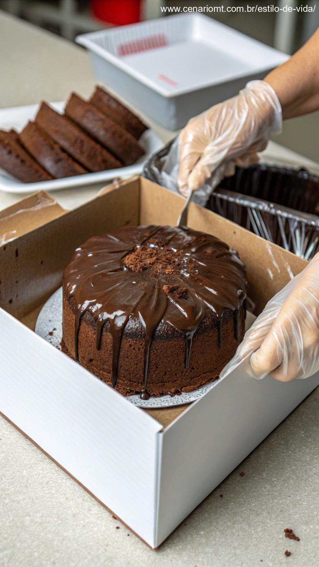 Bolo de chocolate trufado sendo armazenado adequadamente em uma caixa.
