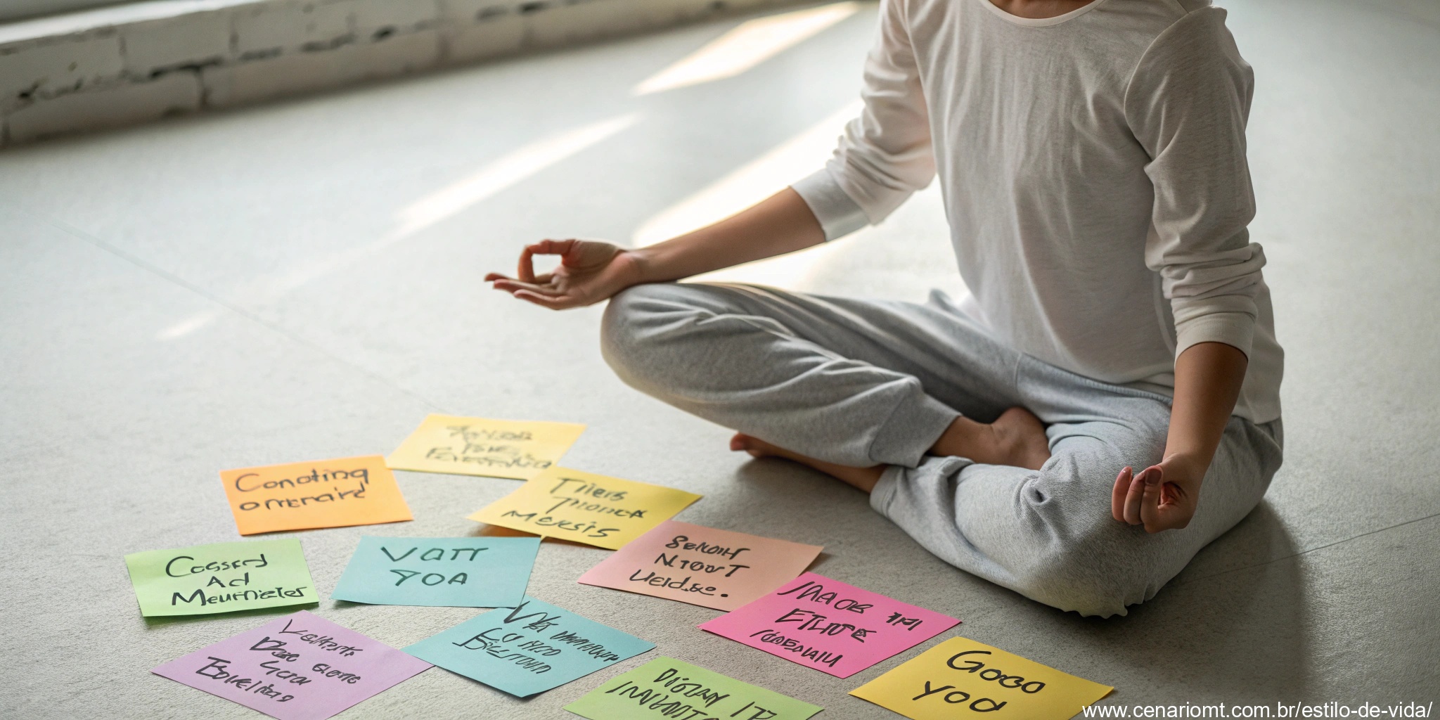 Pessoa meditando pela manhã, cercada por mensagens positivas e de bom dia