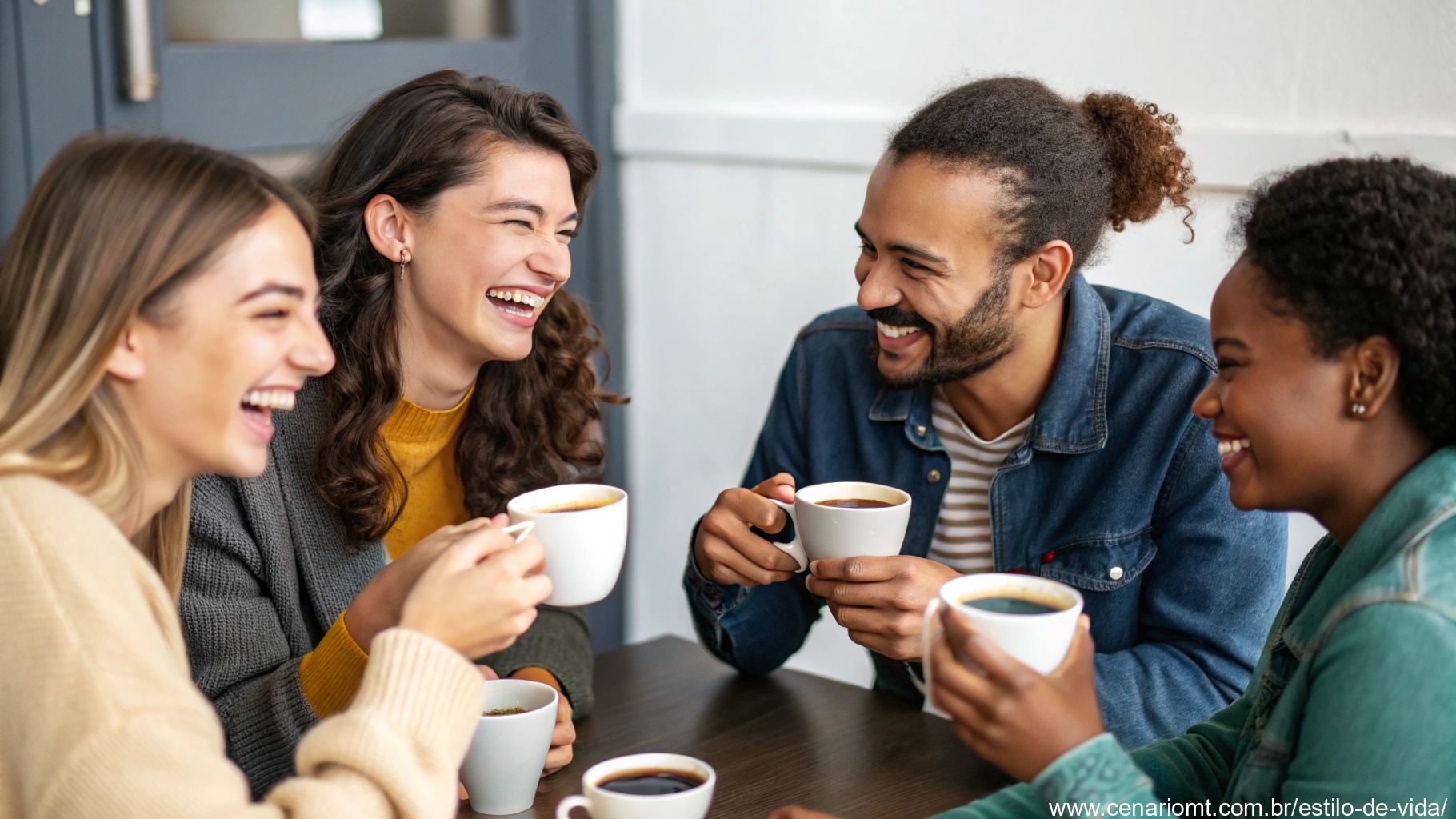 Grupo de amigos compartilhando um momento alegre com café e sorrisos, representando o compartilhamento de mensagens de bom dia.