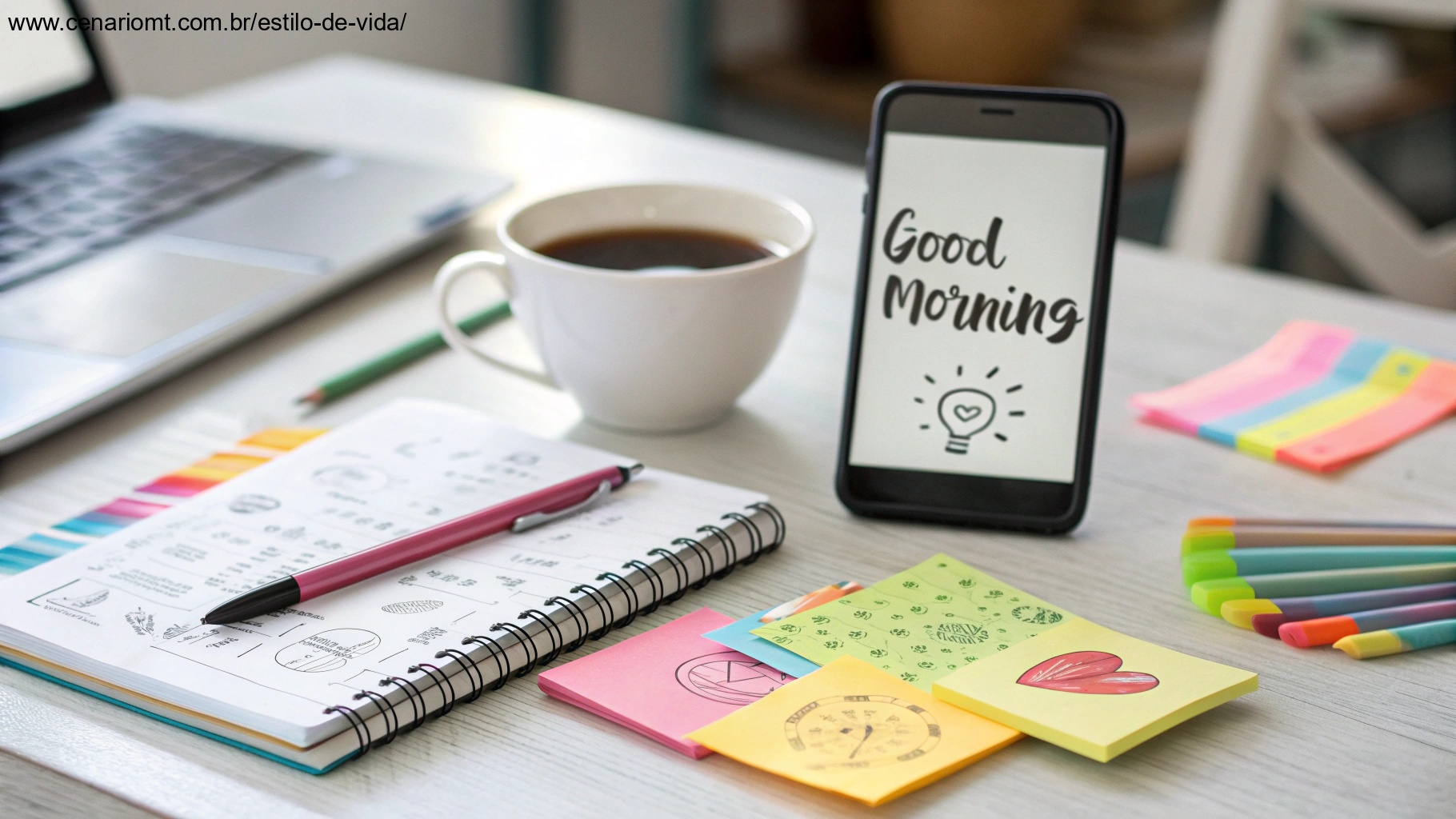 Mesa criativa com post-its coloridos, um smartphone exibindo uma mensagem de 'bom dia', uma xícara de café e um caderno com rabiscos, representando formas criativas de compartilhar mensagens matinais.