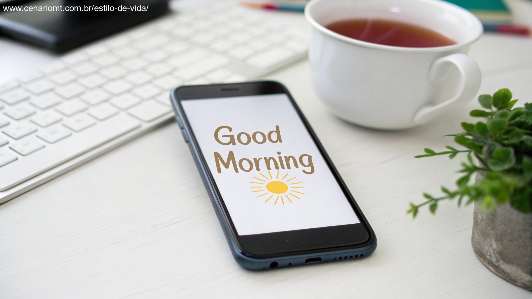 Close-up de um smartphone sobre uma mesa, mostrando uma mensagem alegre de 'Bom Dia' na tela, com uma xícara de chá e uma planta ao fundo, simbolizando o hábito de enviar mensagens de bom dia.