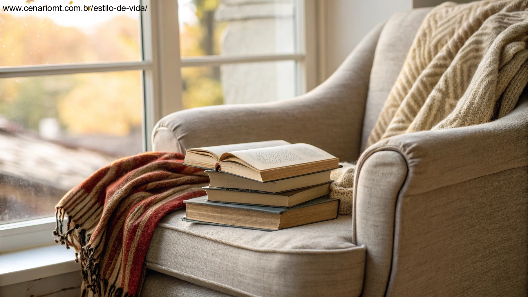 Um cantinho aconchegante para leitura com uma cadeira confortável, uma pilha de livros e um cobertor quente, iluminado por luz natural suave, incentivando o hábito de começar o dia com mensagens inspiradoras.