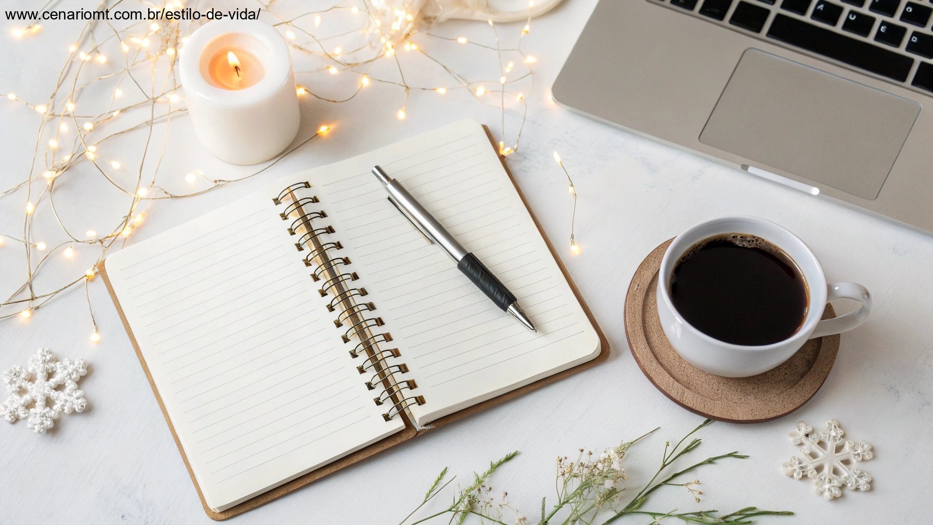 Espaço de trabalho criativo com caderno em branco, caneta e xícara de café