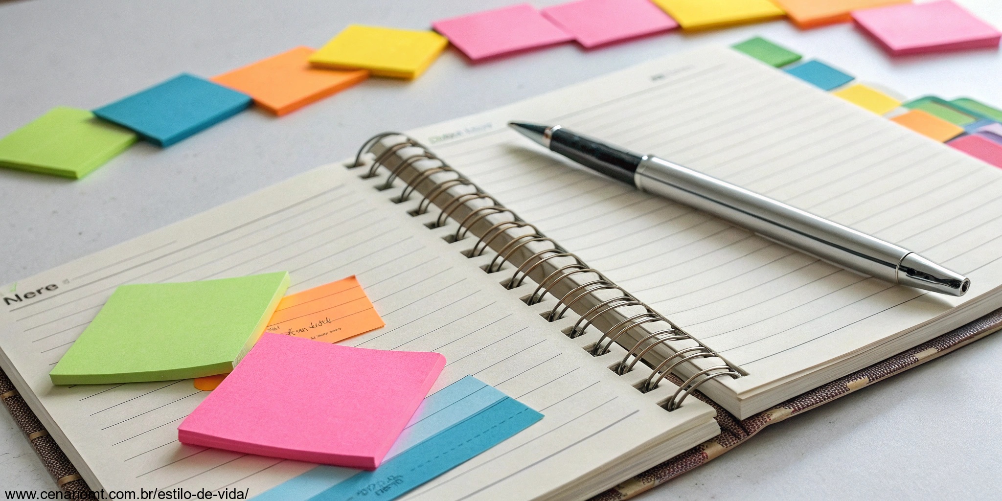 Caderno com caneta e post-its coloridos com ideias de mensagens de bom dia impactantes