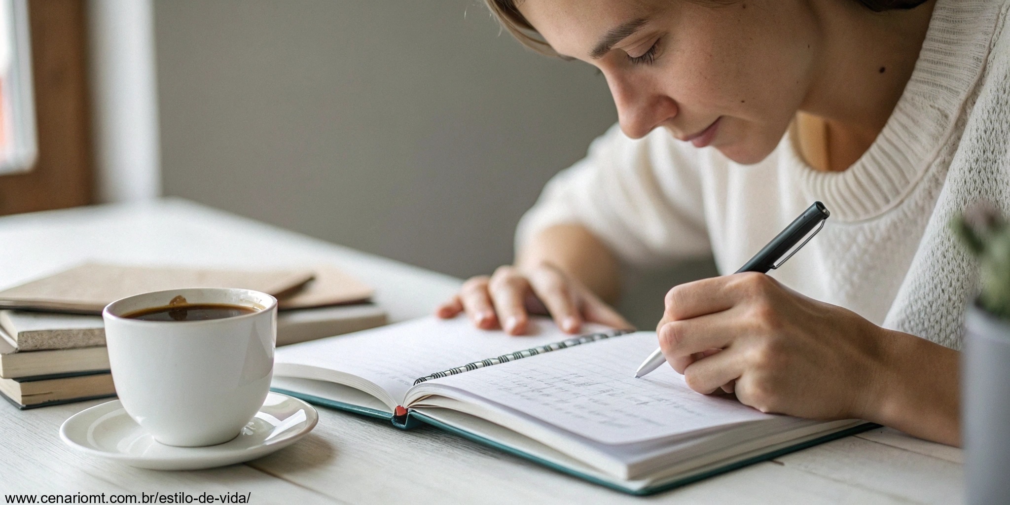 Uma pessoa escrevendo em um caderno com uma xícara de café, criando ideias para uma mensagem de bom dia inspiradora