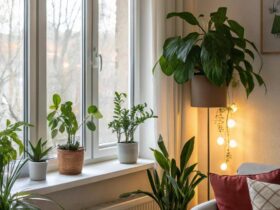 Sala de estar moderna e aconchegante com plantas em vasos na janela.