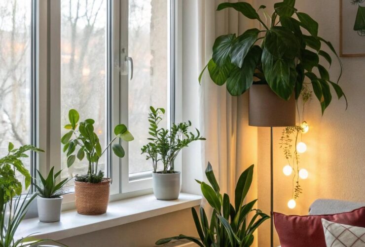 Sala de estar moderna e aconchegante com plantas em vasos na janela.