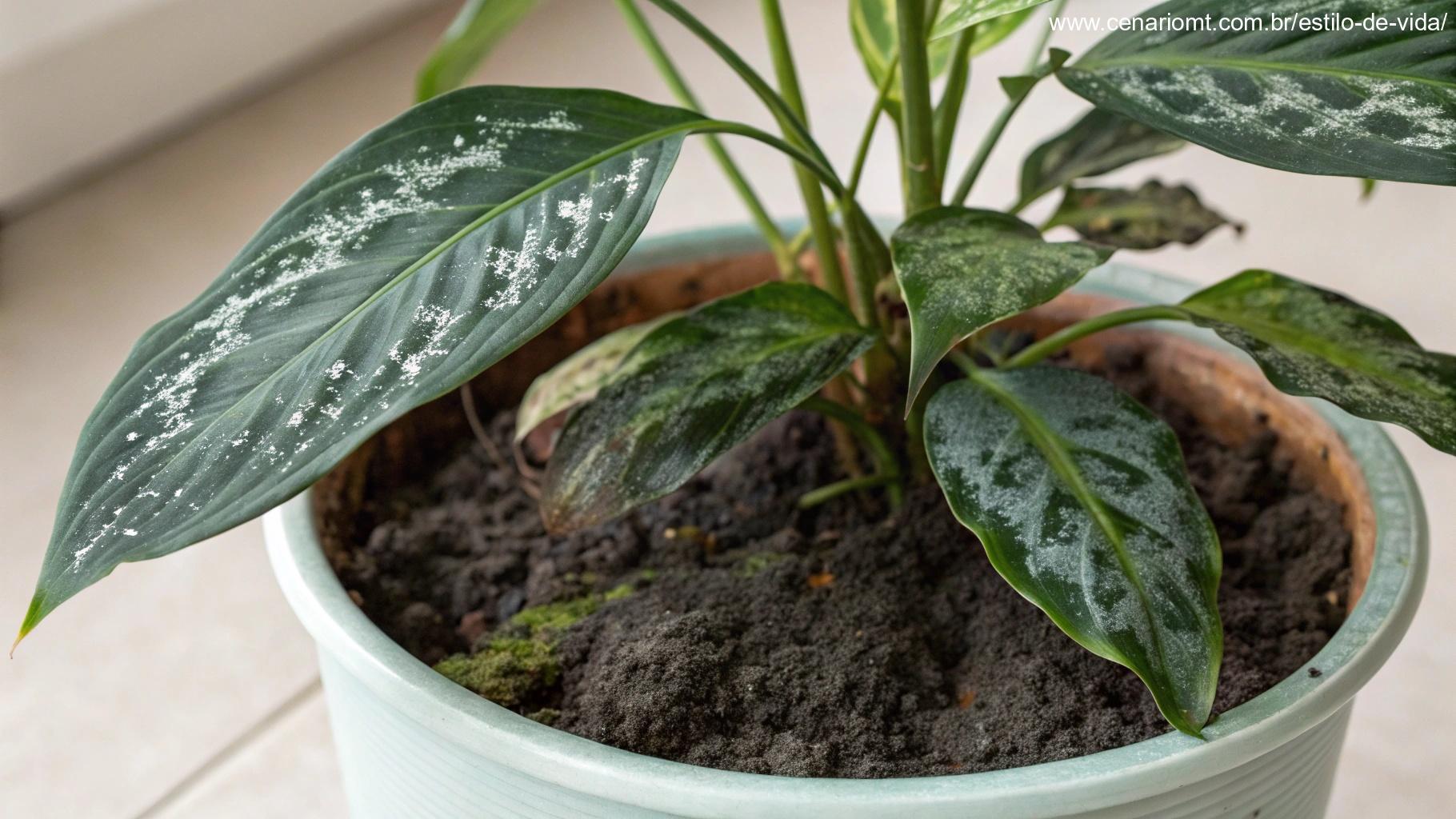 planta interna com mofo visível na superfície do solo, destacando a necessidade de cuidados adequados para evitar problemas com mofo