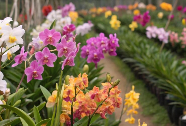 Jardim de orquídeas vibrantes com flores desabrochando em várias cores