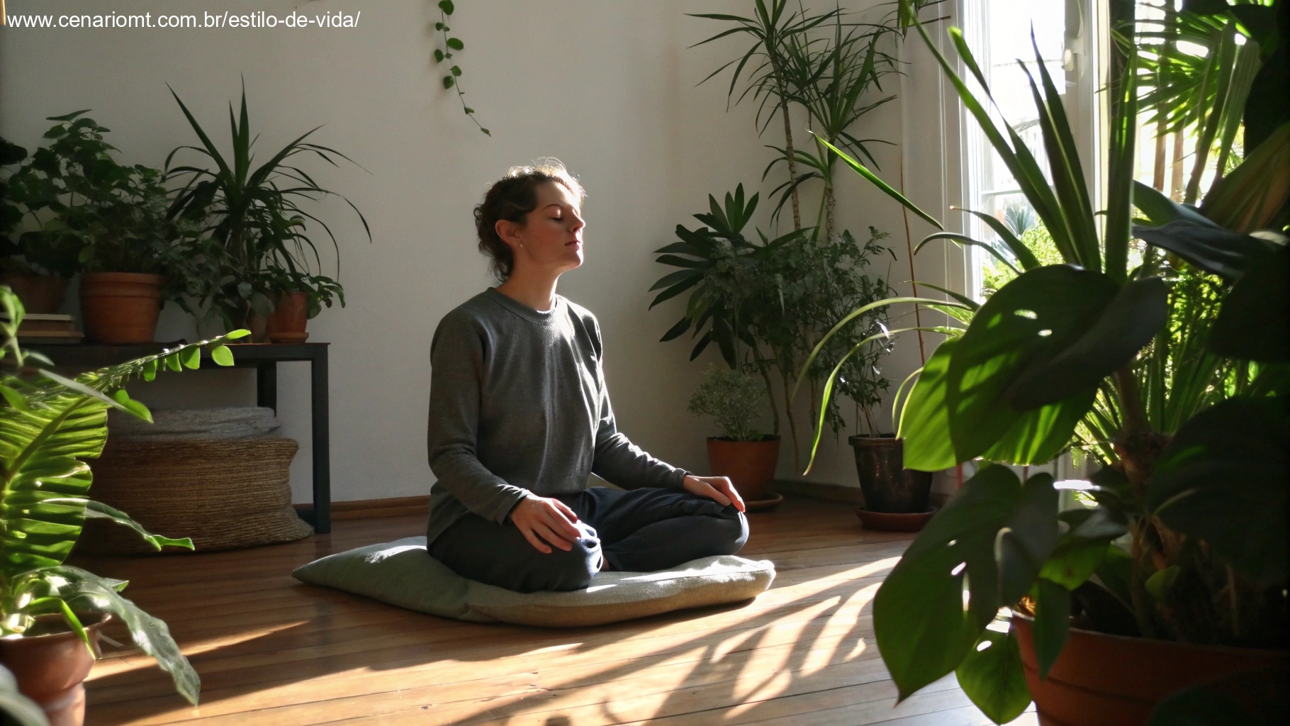 Pessoa meditando em um quarto iluminado pelo sol, cercada por plantas, incorporando gratidão na rotina matinal