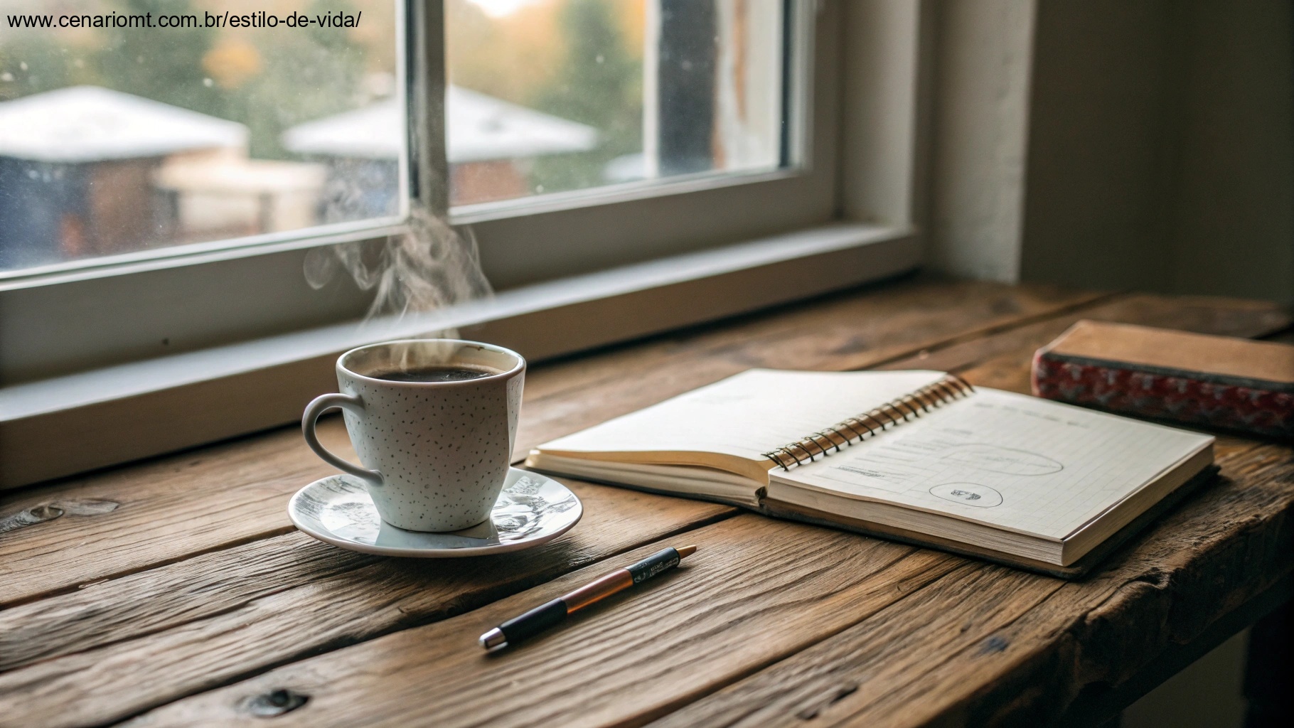 Ambiente aconchegante em casa com uma xícara de café e um caderno, ilustrando como incorporar uma mensagem de bom dia na sua rotina.