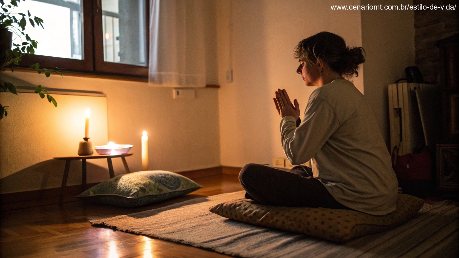 Uma pessoa sentada tranquilamente em um quarto aconchegante com uma vela acesa, meditando ou orando, mostrando como incorporar a oração diária na rotina.