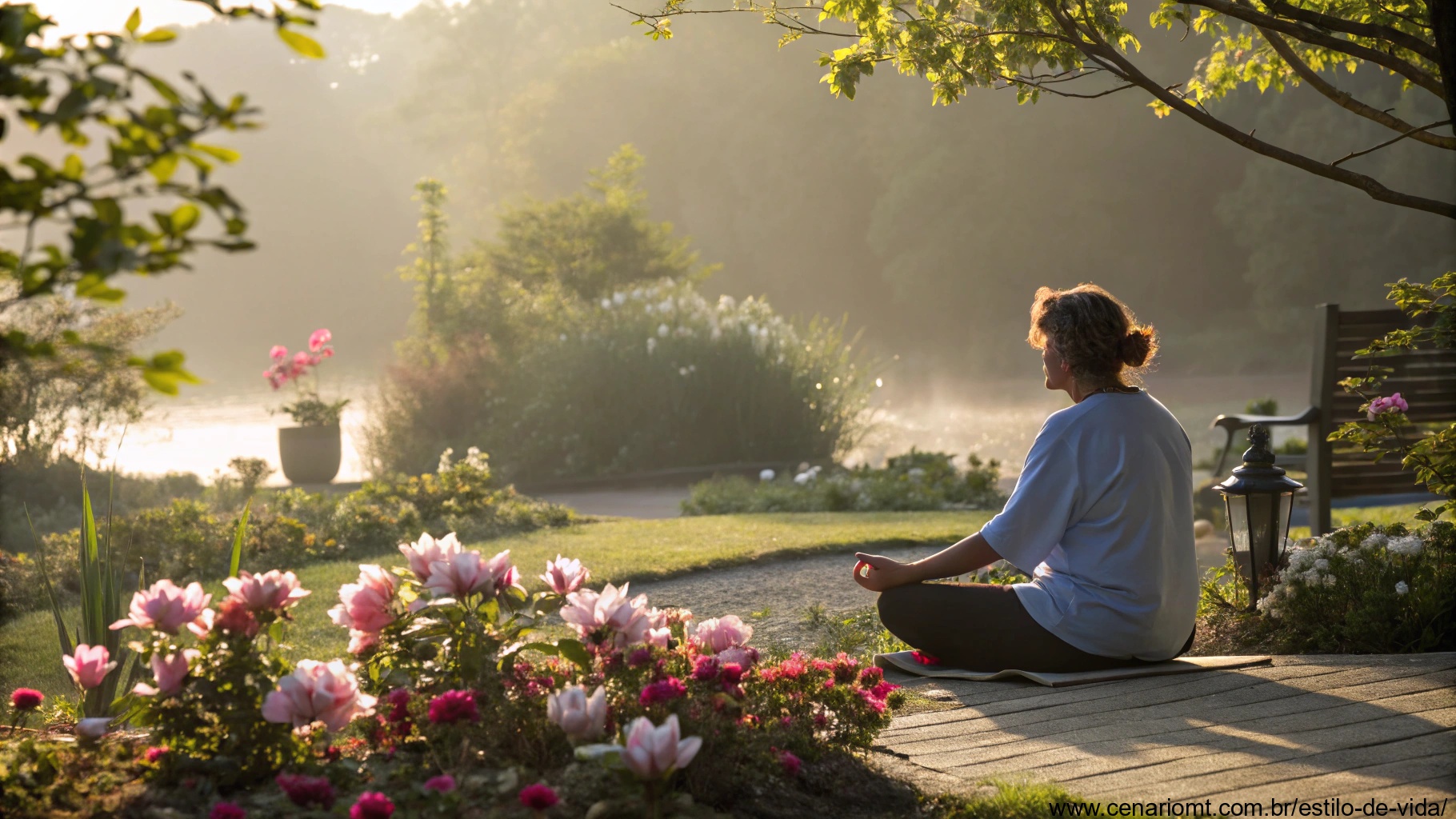 Uma pessoa meditando em um jardim tranquilo, cercada por flores desabrochando e luz suave do sol, representando a prática de incorporar positividade no dia a dia.