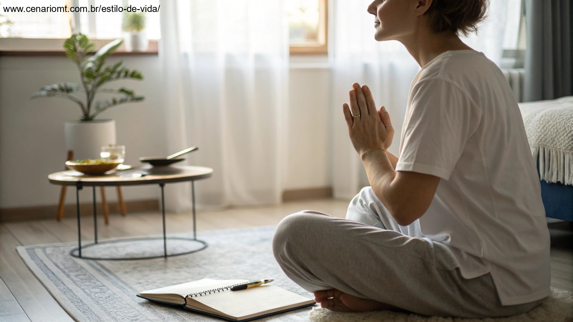 Pessoa sentada tranquilamente em um ambiente calmo, meditando ou orando, com um caderno e uma caneta por perto.