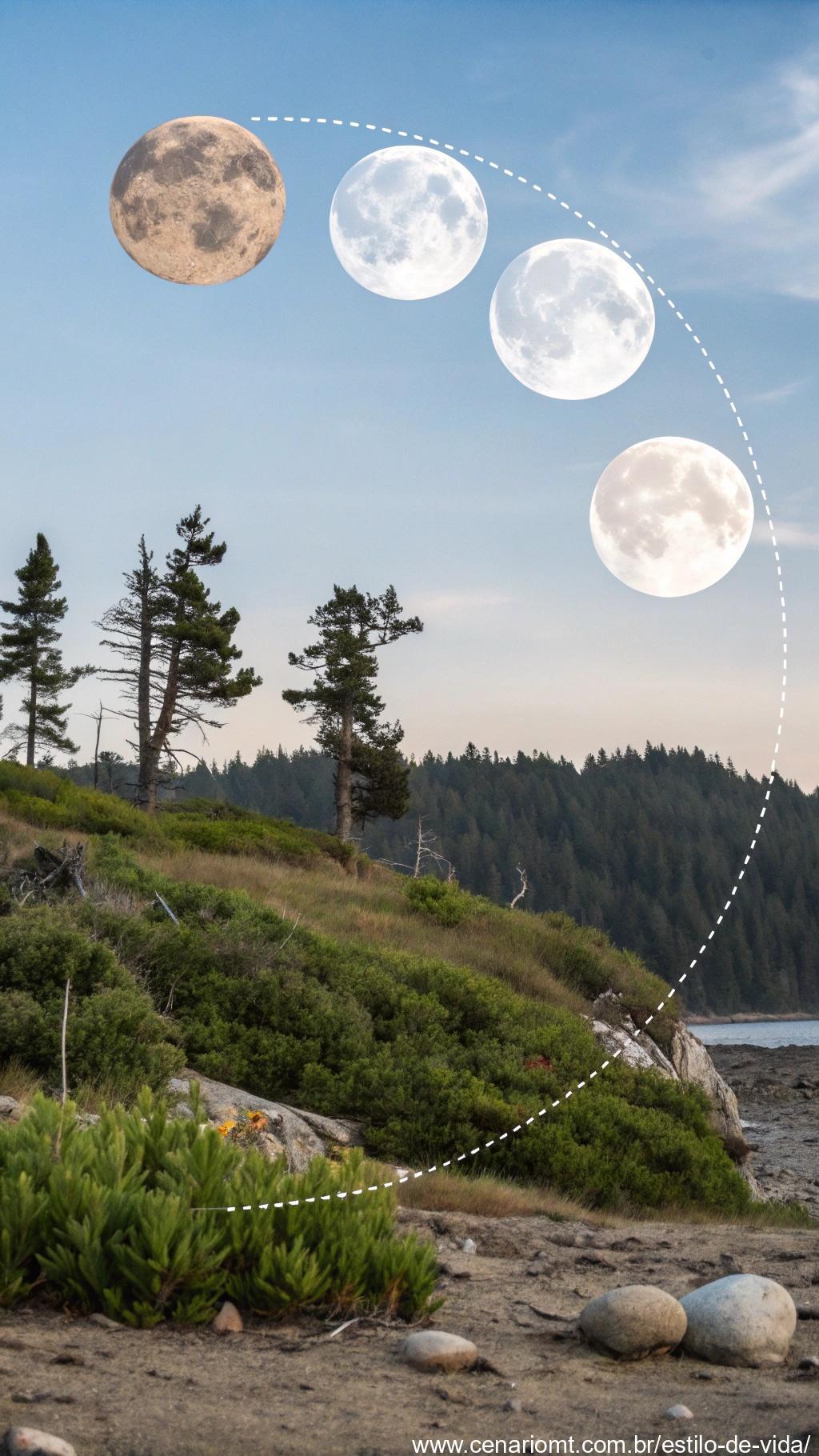 Diagrama mostrando como o ciclo lunar afeta as marés, o crescimento das plantas e o comportamento dos animais na Terra