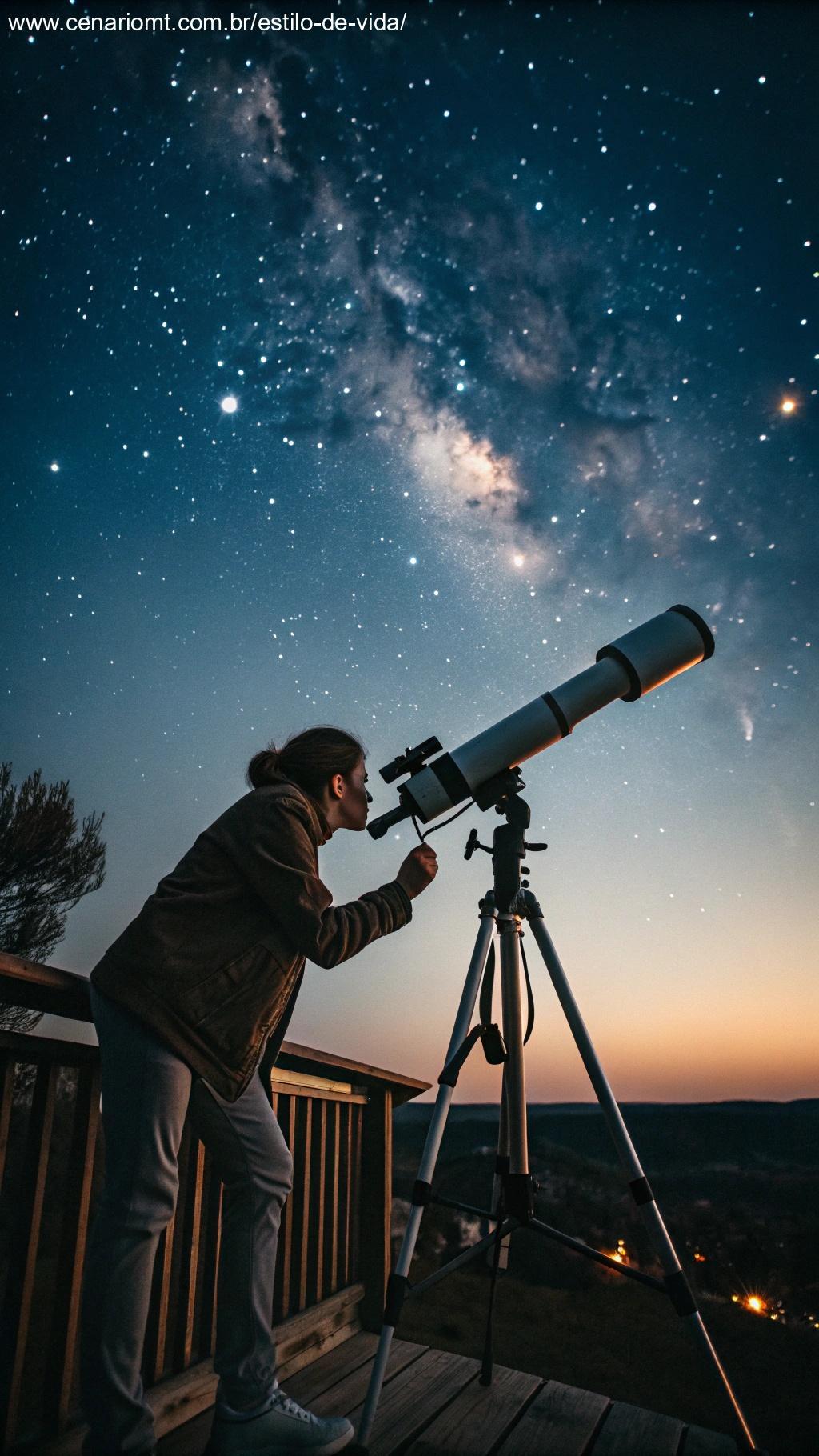 Pessoa usando um telescópio para observar o céu noturno durante a fase da Lua Nova