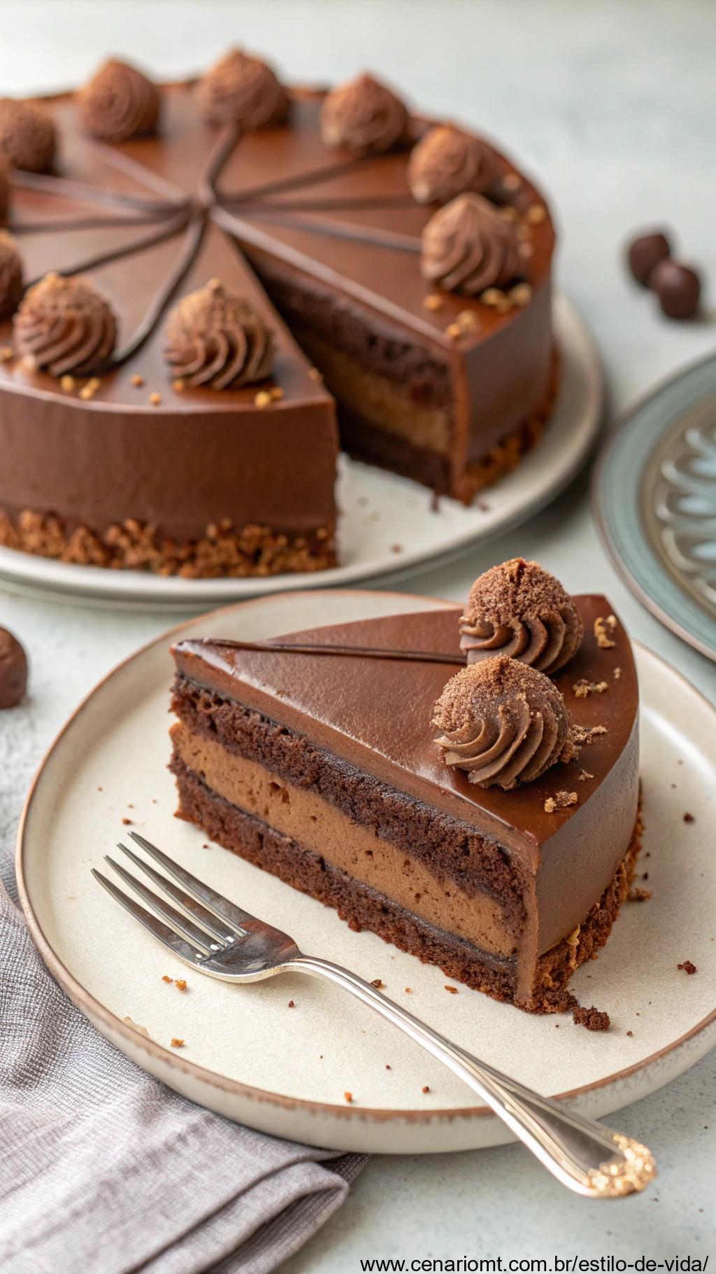 Fatias de bolo de chocolate trufado sendo servidas.