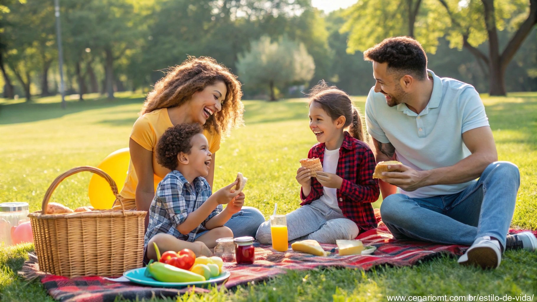 Um piquenique em família em um parque ensolarado com risos e alegria, mostrando como tornar seu domingo mais especial.