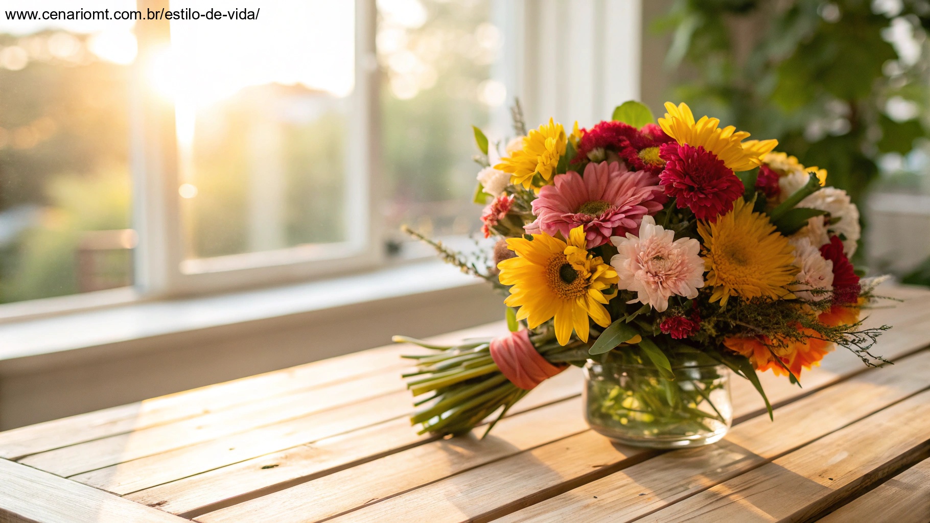Buquê vibrante de flores frescas em uma mesa de madeira com a luz suave do sol entrando por uma janela, simbolizando como tornar sua Sexta-Feira ainda mais especial.
