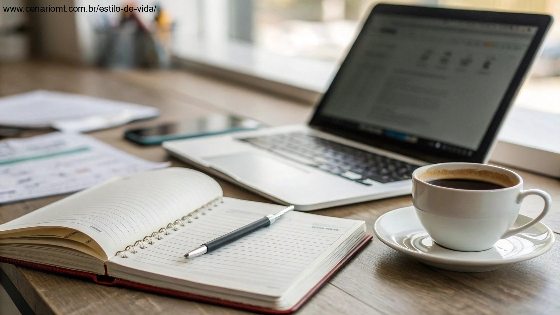 Mesa organizada com laptop, caderno e uma xícara de café, com uma atmosfera focada e produtiva.