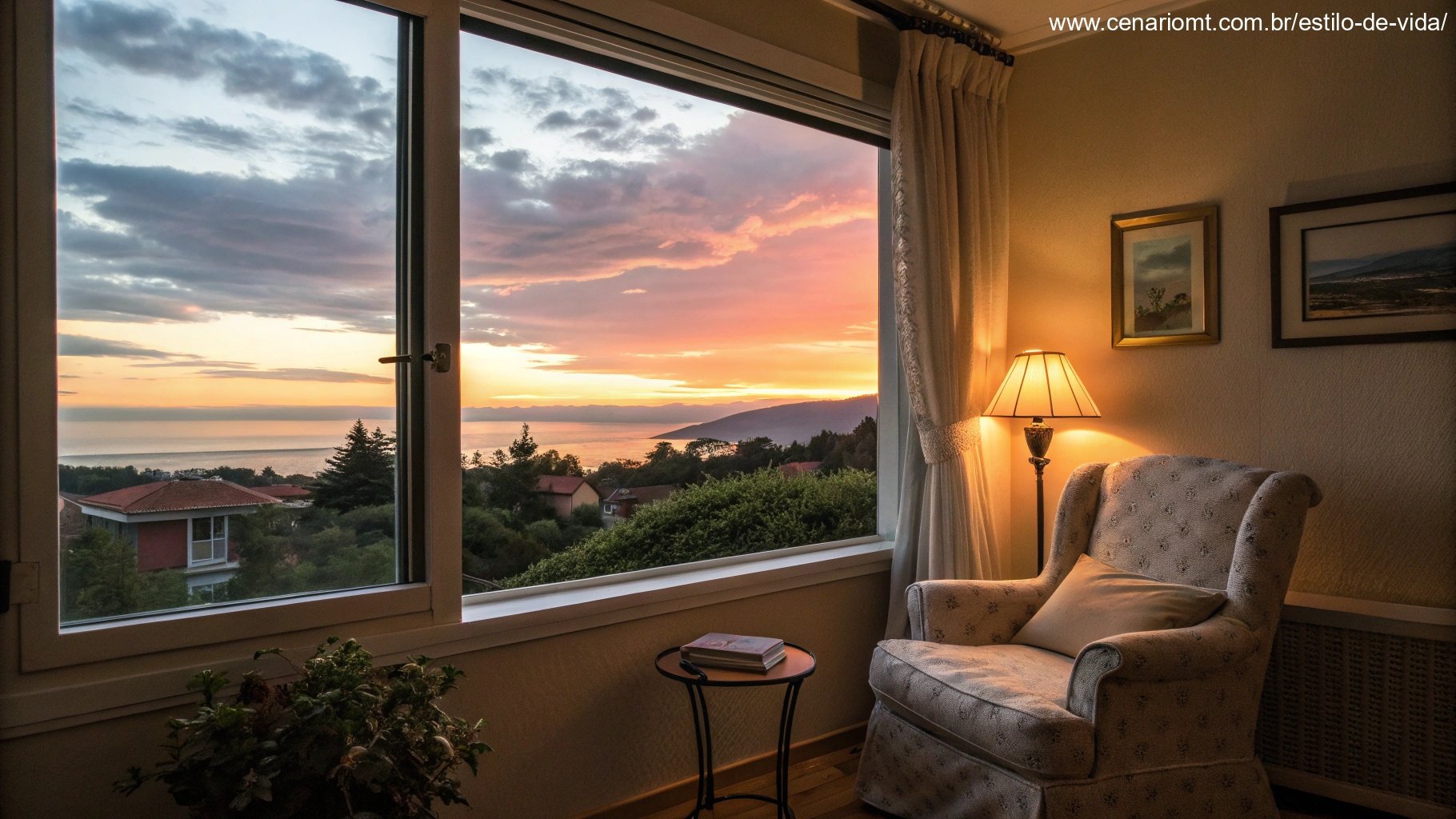 Vista do pôr do sol a partir de uma janela, com um quarto aconchegante em primeiro plano, simbolizando a conclusão de um dia significativo e inspirado.