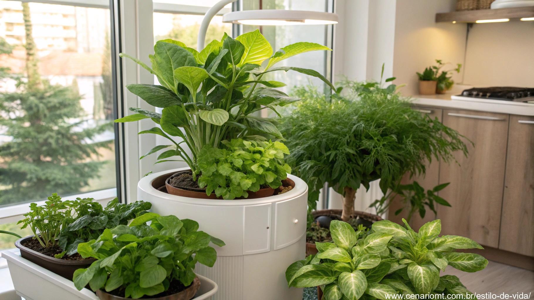 planta saudável cercada por outras plantas bem cuidadas, mostrando um arranjo de jardinagem interna bem-sucedido