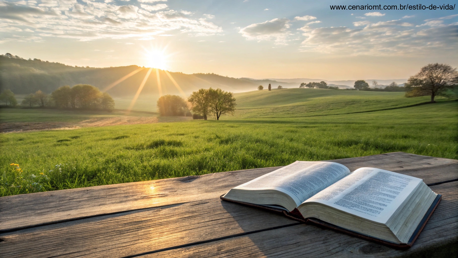 Imagem de uma Bíblia aberta ao nascer do sol em um campo verde, simbolizando fé e inspiração.