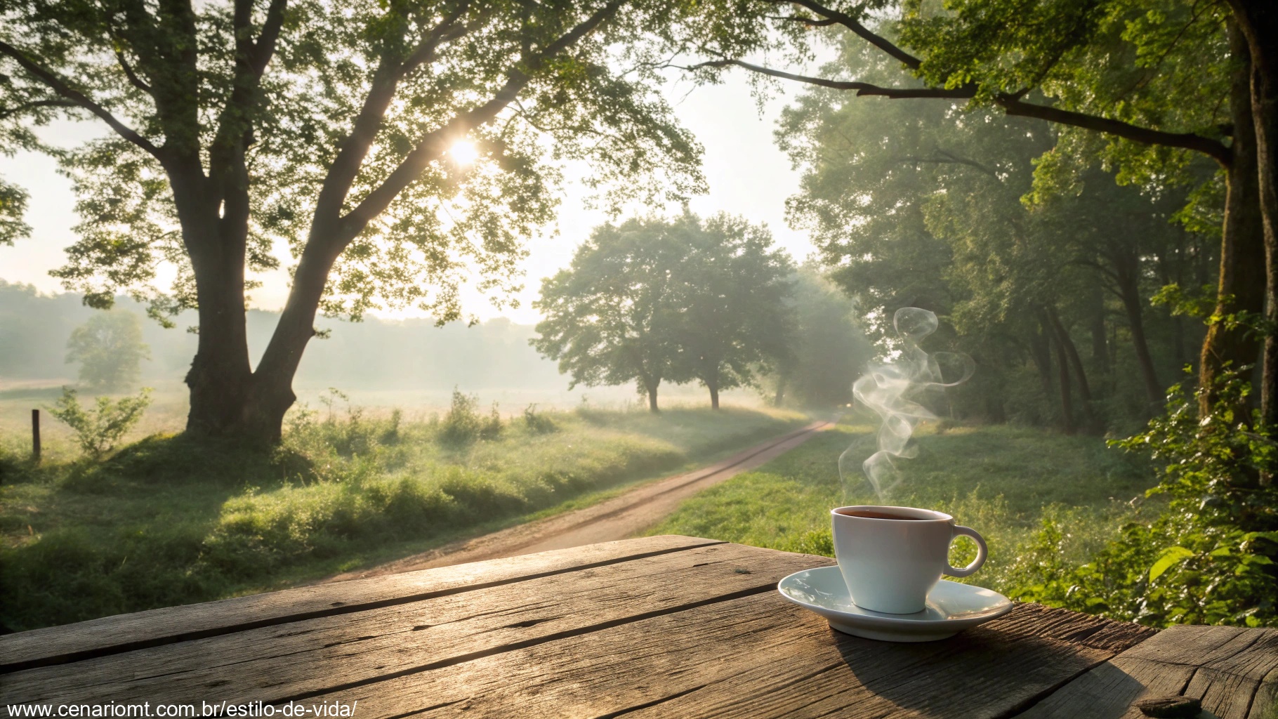 Imagem de uma manhã tranquila com luz do sol suave e xícara de café para terça-feira abençoada.
