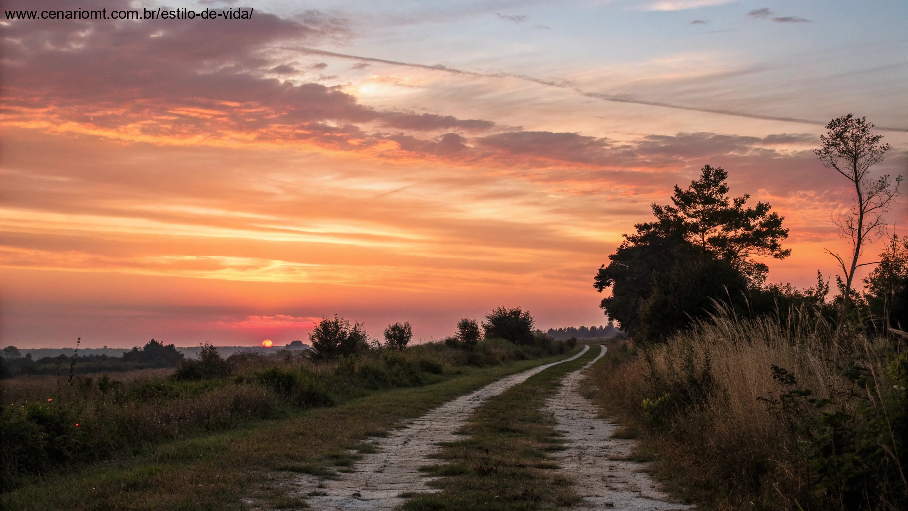 Cena do pôr do sol com um caminho que leva a um horizonte brilhante.