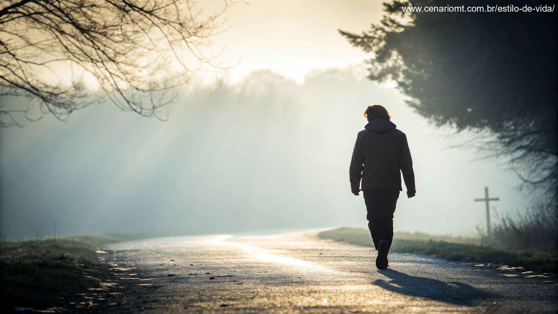 Pessoa caminhando com confiança em um caminho cercado por luz, simbolizando um dia guiado pela fé.
