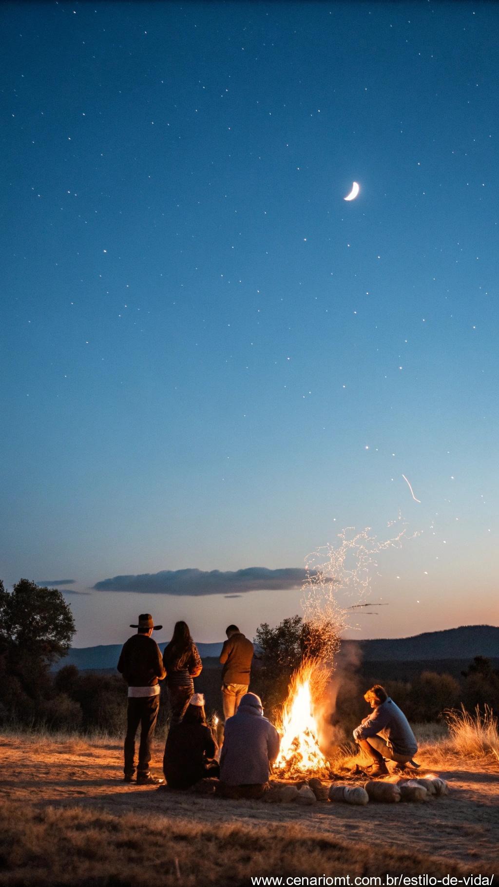 Um grupo de pessoas reunidas ao redor de uma fogueira sob um céu estrelado, simbolizando conexão e comunidade durante a lua nova em Aquário.