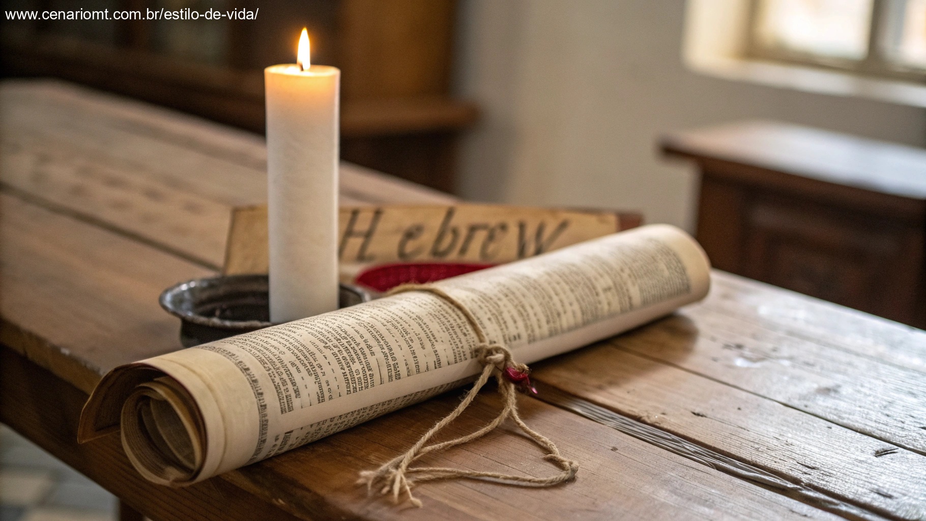 Um pergaminho antigo com texto em hebraico, simbolizando o contexto histórico dos Salmos, colocado sobre uma mesa de madeira com uma vela.
