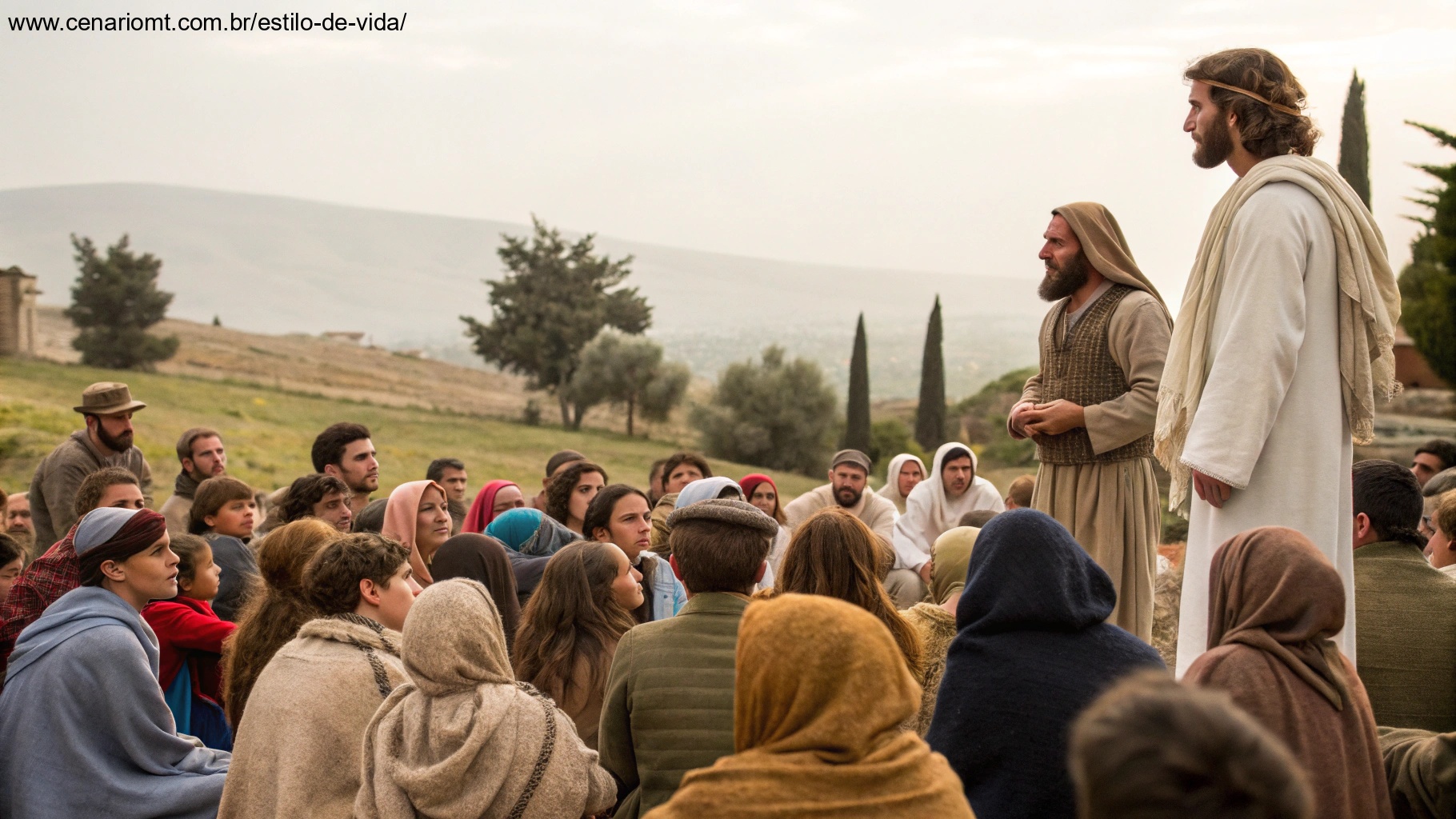Cena histórica retratando a época de Jesus, com pessoas ouvindo Seus ensinamentos.