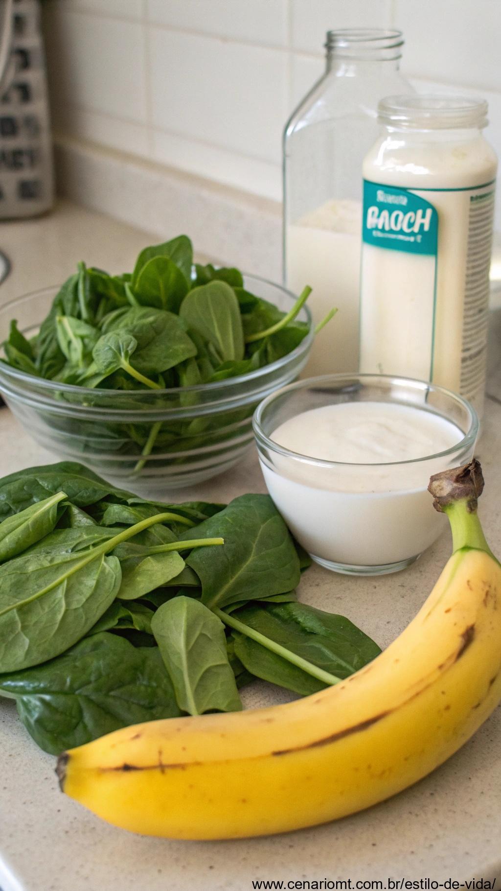 Banana ao lado de produtos lácteos e vegetais, simbolizando a saúde óssea.