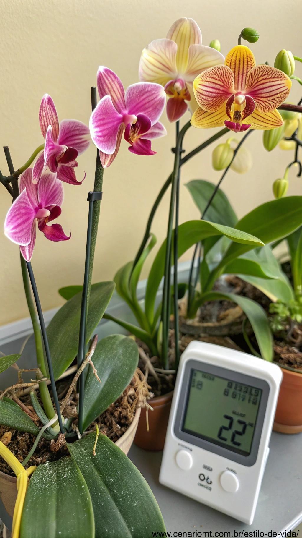 Um termômetro digital colocado perto de uma exibição de orquídeas, mostrando uma temperatura estável adequada para o crescimento de orquídeas