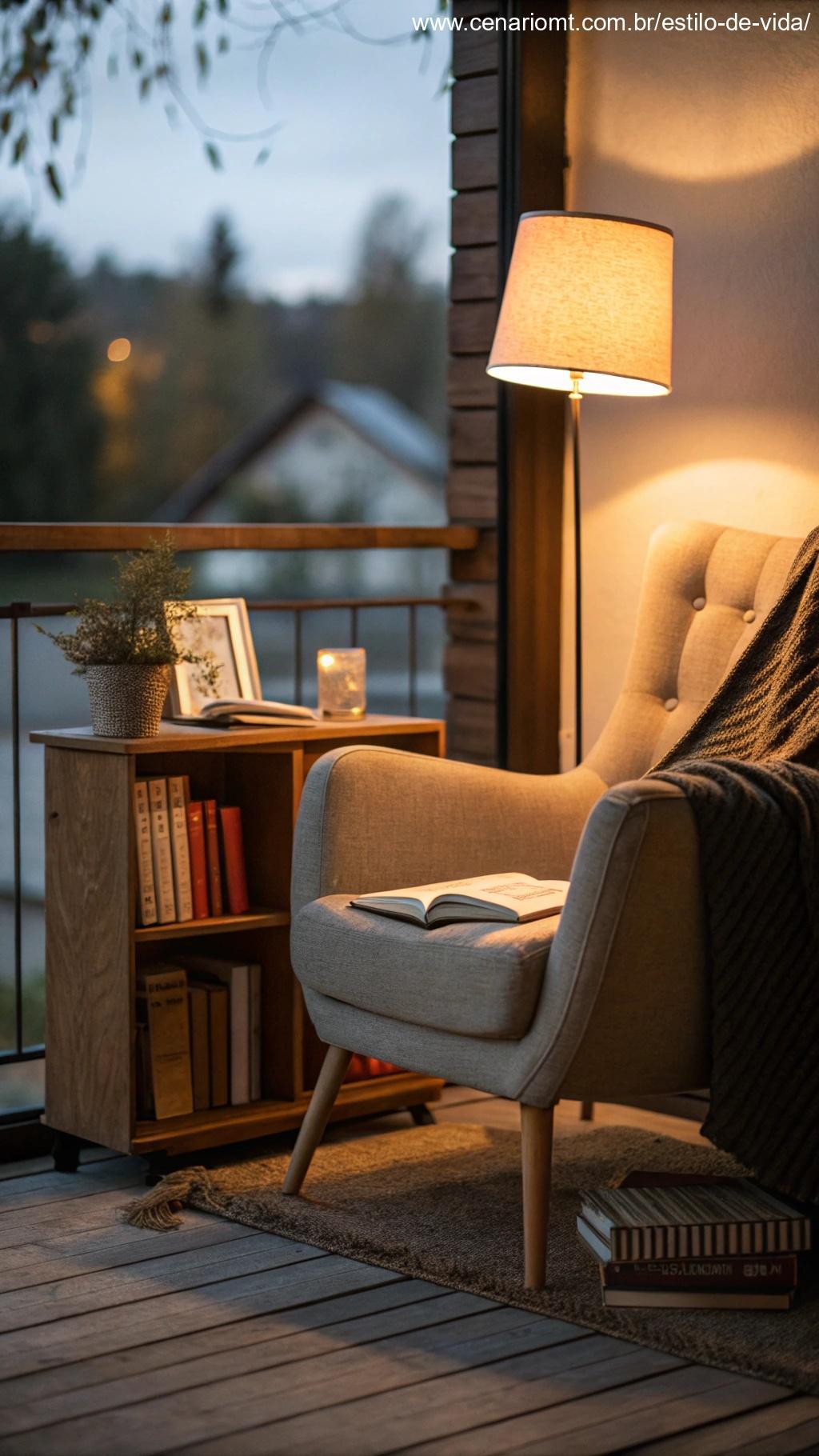 espaço de leitura tranquilo com cadeira confortável e iluminação suave