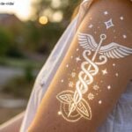 Tatuagem em processo de cicatrização no braço de uma pessoa