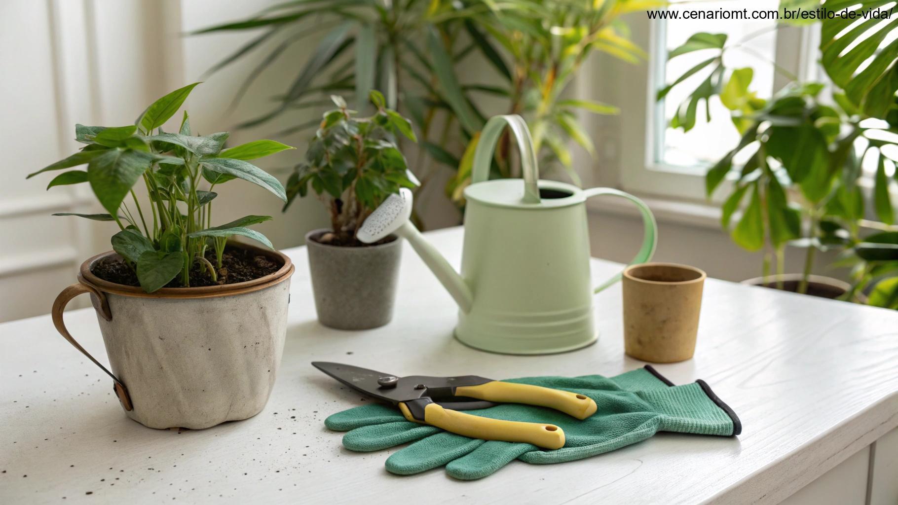 um conjunto de ferramentas simples para cuidar de plantas dispostas sobre uma mesa com plantas saudáveis ao fundo