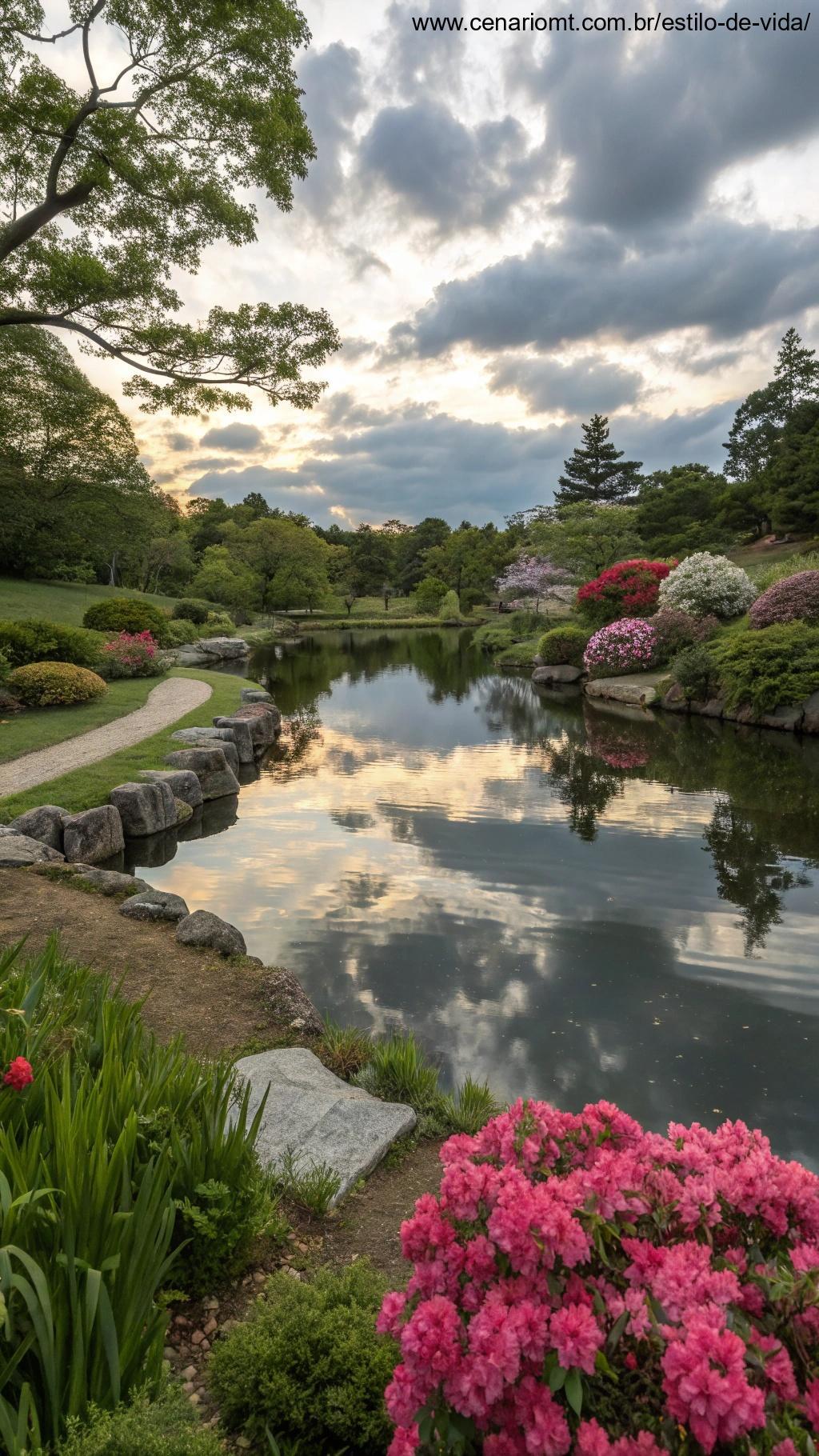 Jardim sereno com flores e um lago tranquilo, simbolizando a paz interior.