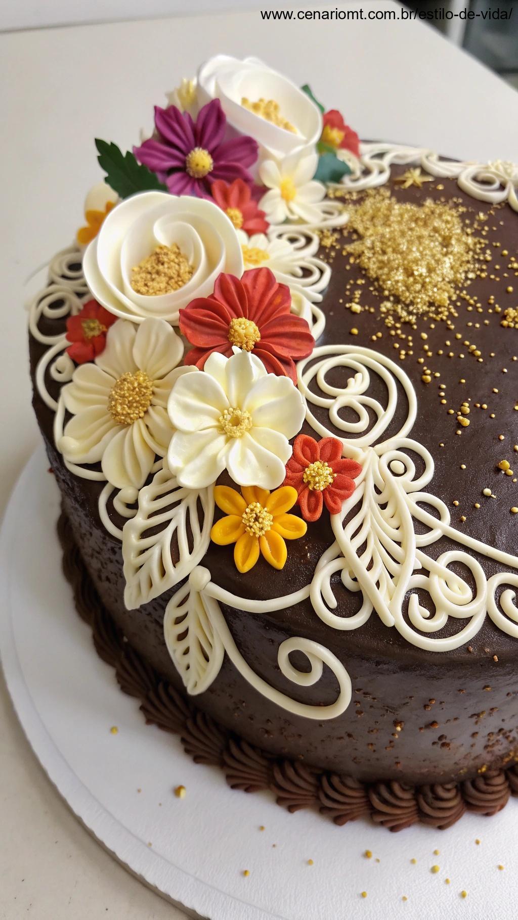 Decoração criativa de bolo de chocolate com flores comestíveis e detalhes dourados.