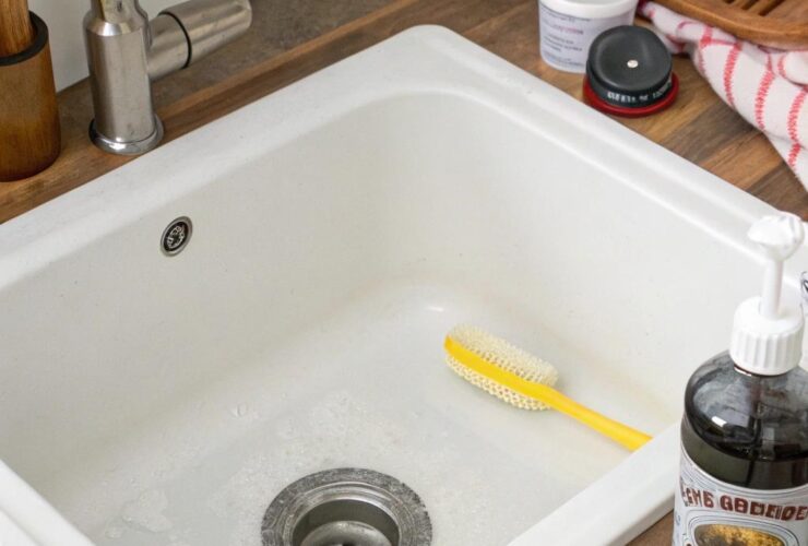 Pia de cozinha moderna com ralo limpo, cercada por ferramentas de limpeza naturais como bicarbonato, vinagre e um pequeno dispositivo ultrassônico, em um ambiente claro e limpo