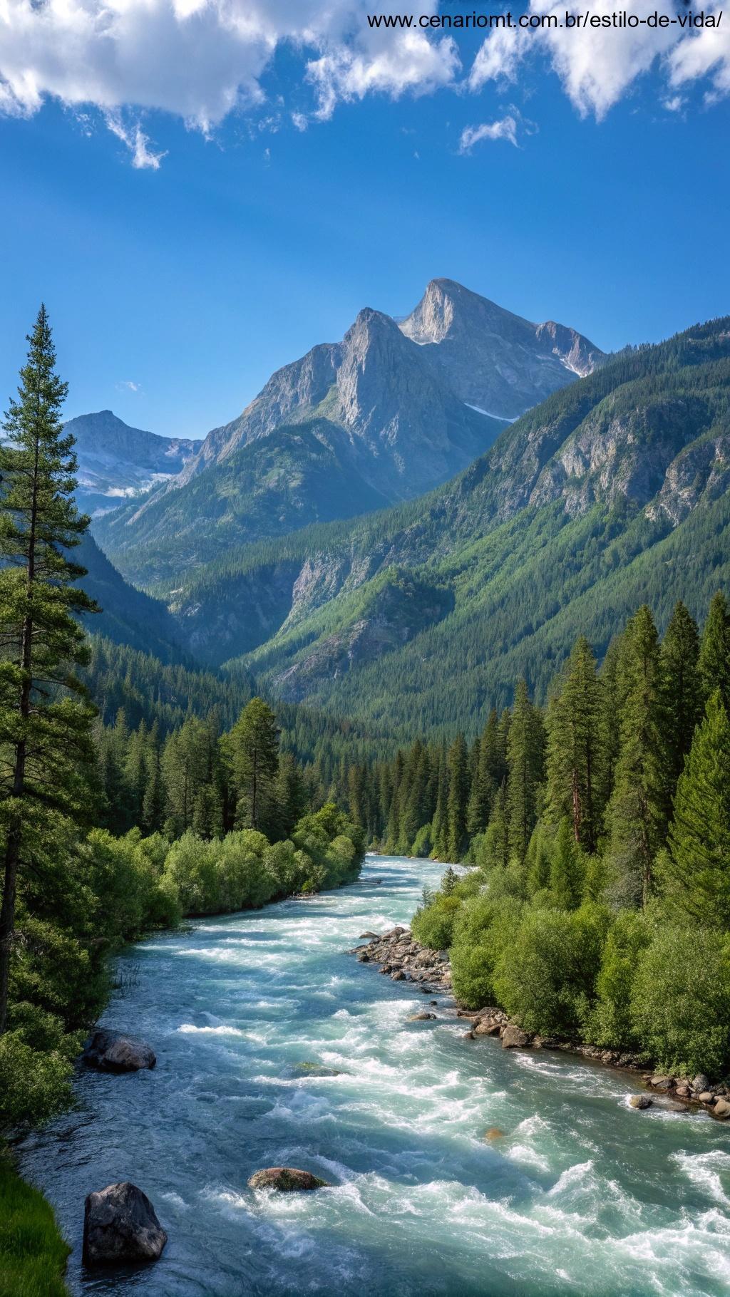 Paisagem montanhosa com um rio forte, simbolizando a força e o apoio de Deus.
