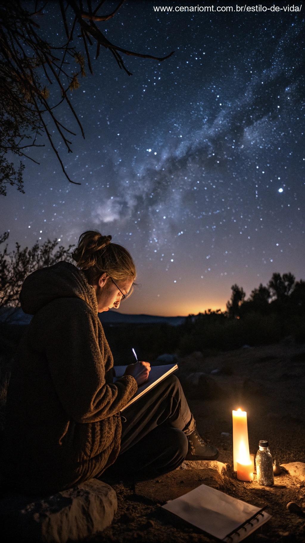 Uma pessoa escrevendo em um diário sob um céu estrelado, com uma vela acesa por perto, representando a prática de definir intenções durante a lua nova.